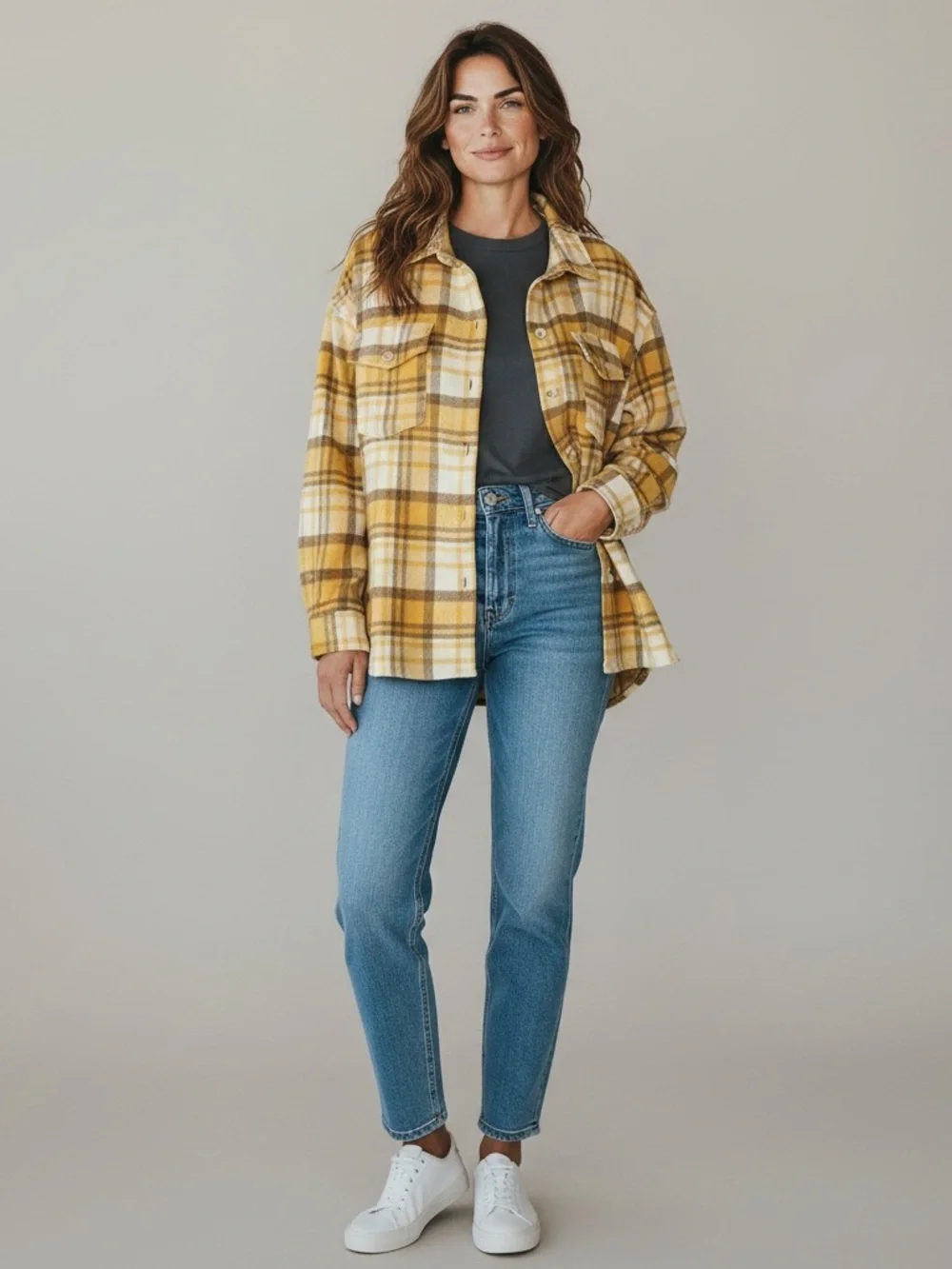 12PM Women's Large Yellow Plaid Shacket Button Up Flannel Shirt Jacket Long Slee